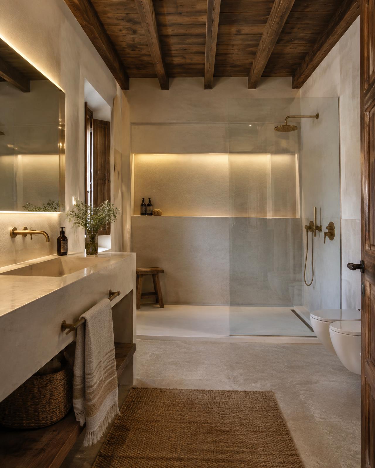 Baño reformado bajo vigas de madera