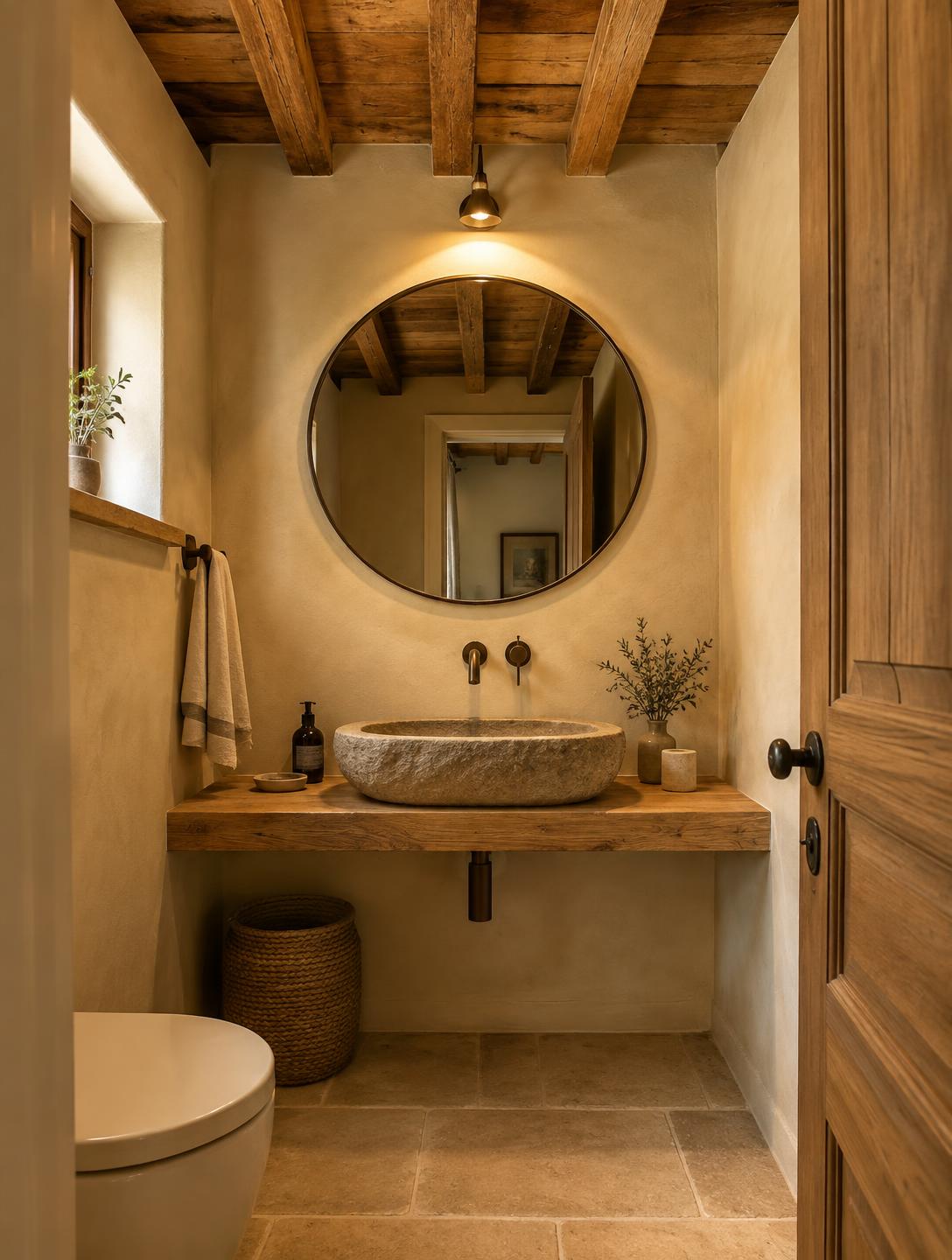 Aseo con lavabo de piedra y techo de madera
