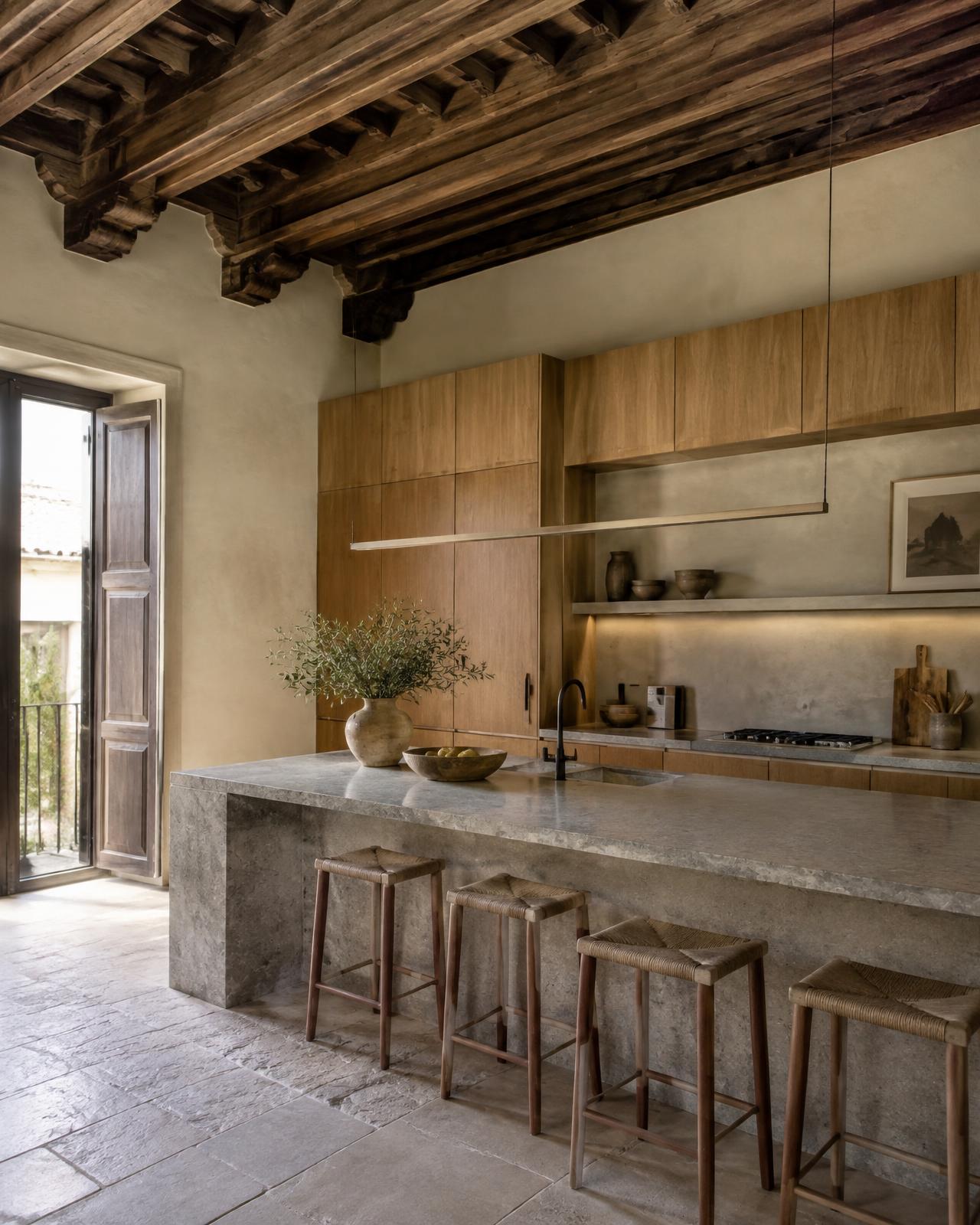 Cocina contemporánea bajo un techo de madera restaurado