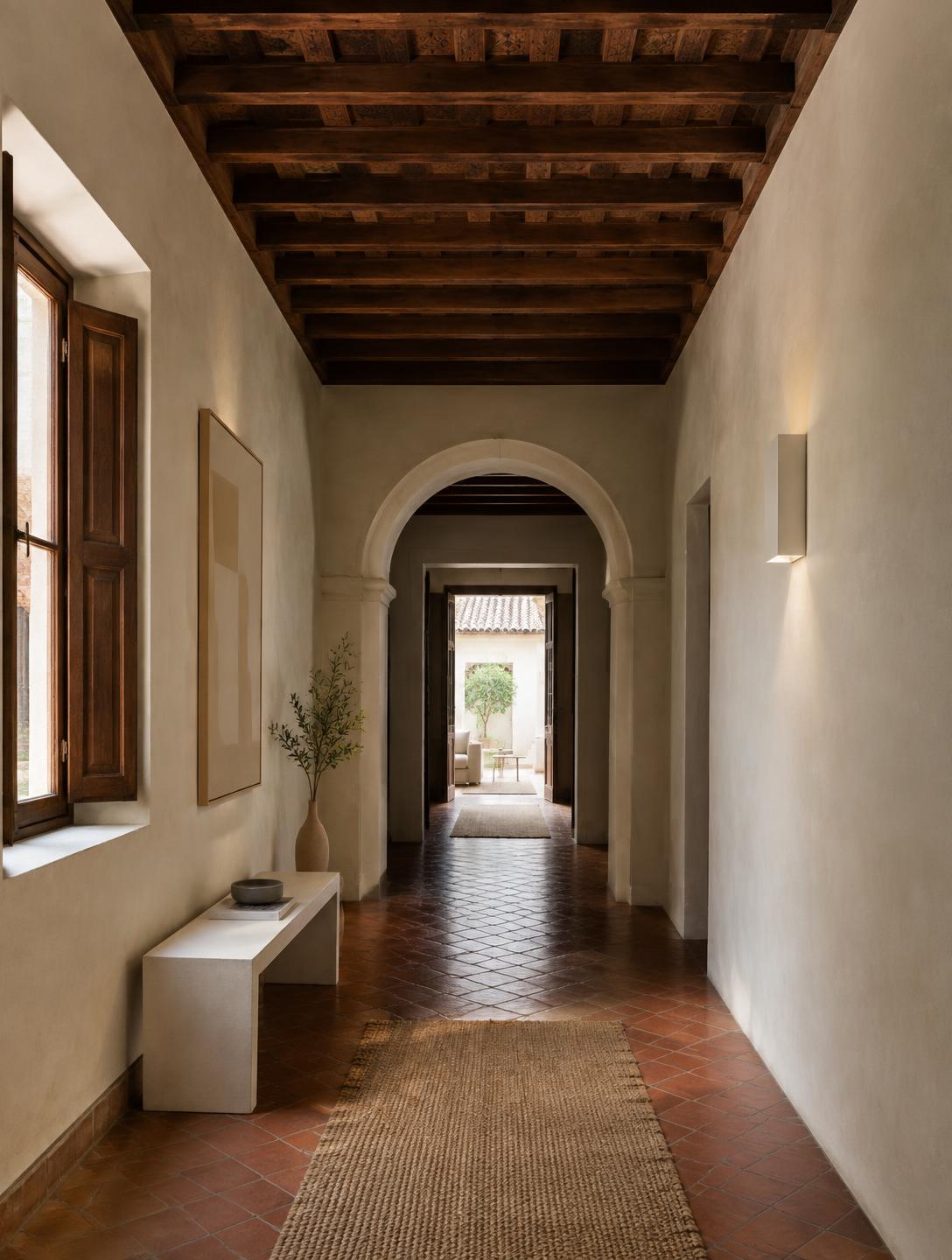 Pasillo con arco, techo de madera y suelo de barro
